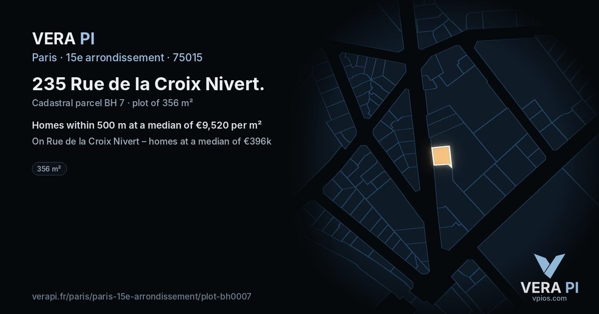 235 Rue de la Croix Nivert, 15e arrondissement at night – the plot lit, the parcels around coloured by the prices near them