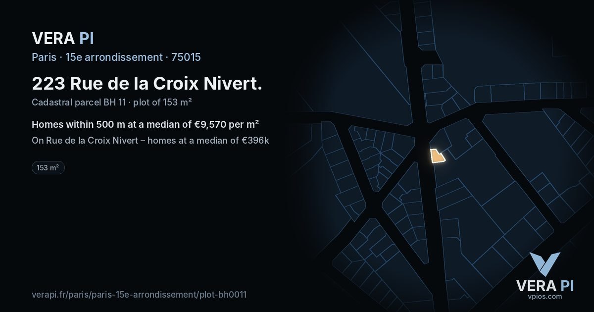 223 Rue de la Croix Nivert, 15e arrondissement at night – the plot lit, the parcels around coloured by the prices near them