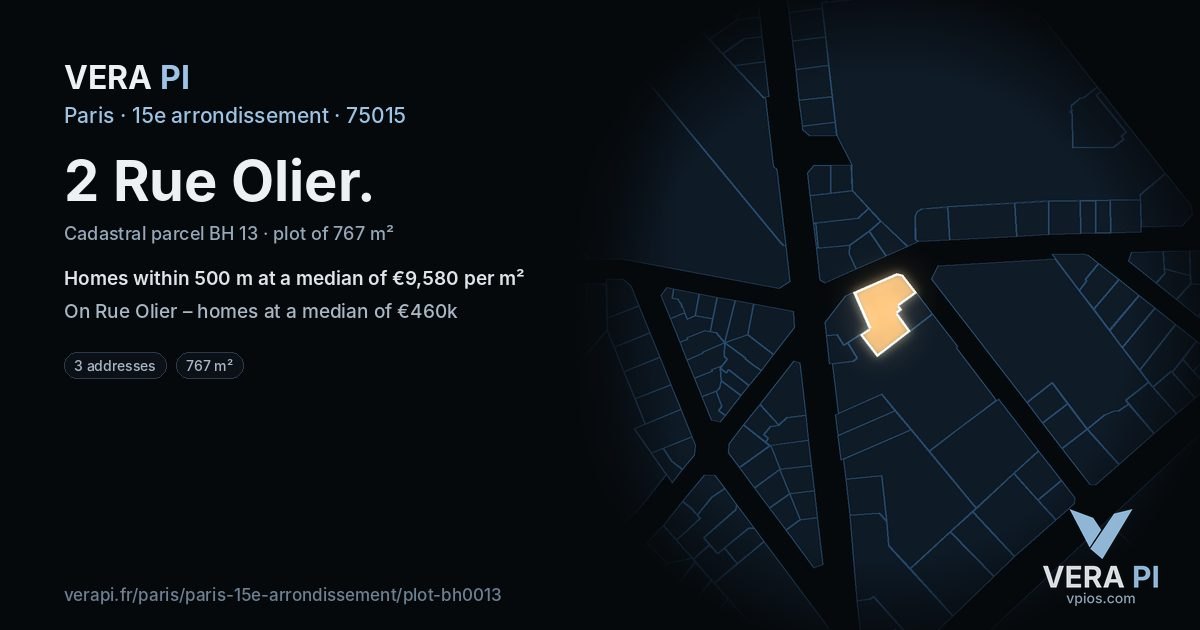 2 Rue Olier, 15e arrondissement at night – the plot lit, the parcels around coloured by the prices near them
