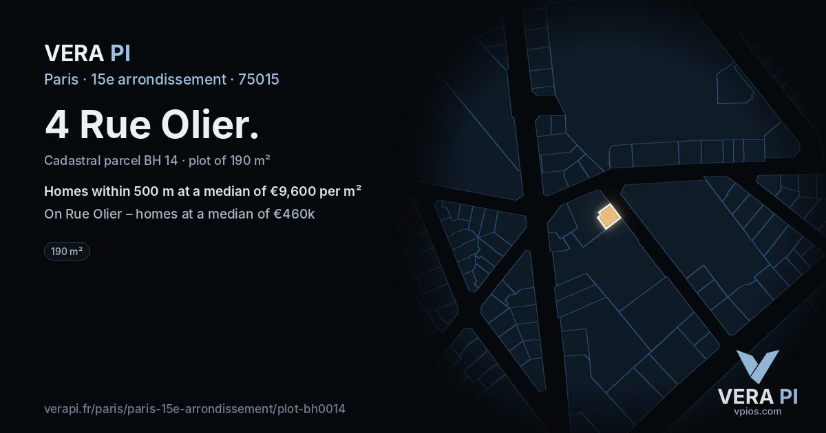 4 Rue Olier, 15e arrondissement at night – the plot lit, the parcels around coloured by the prices near them