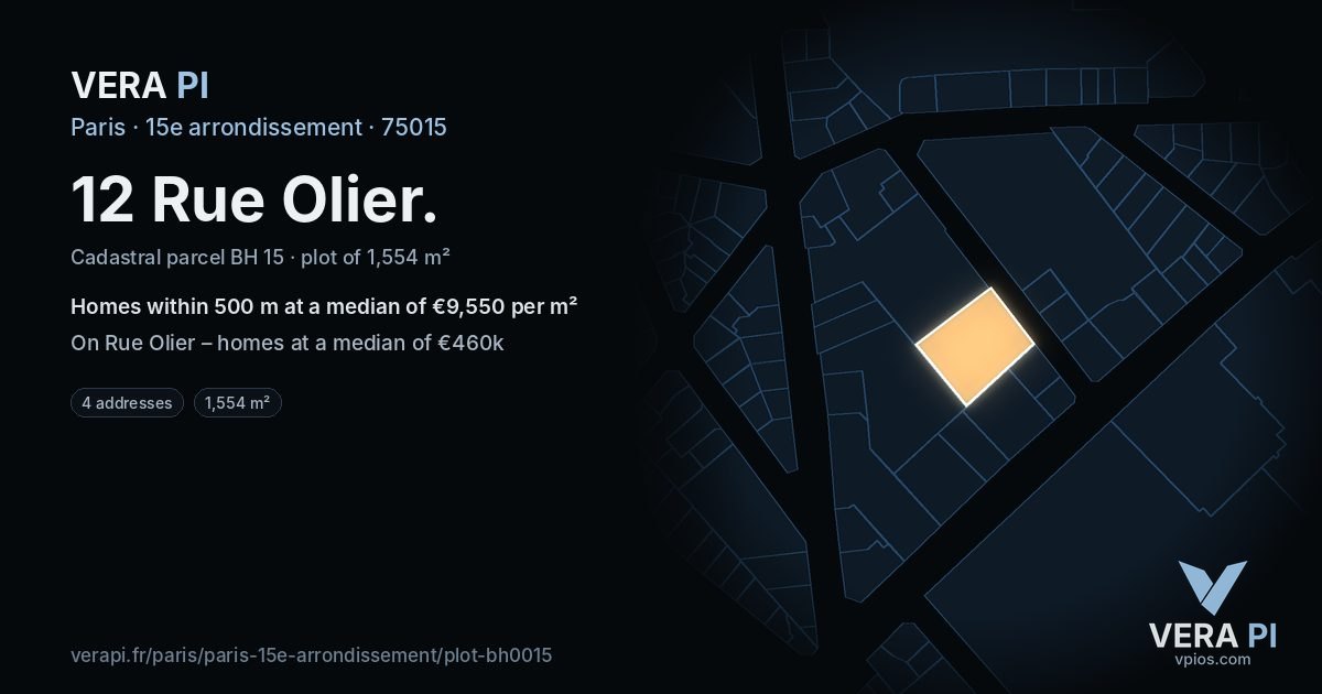 12 Rue Olier, 15e arrondissement at night – the plot lit, the parcels around coloured by the prices near them