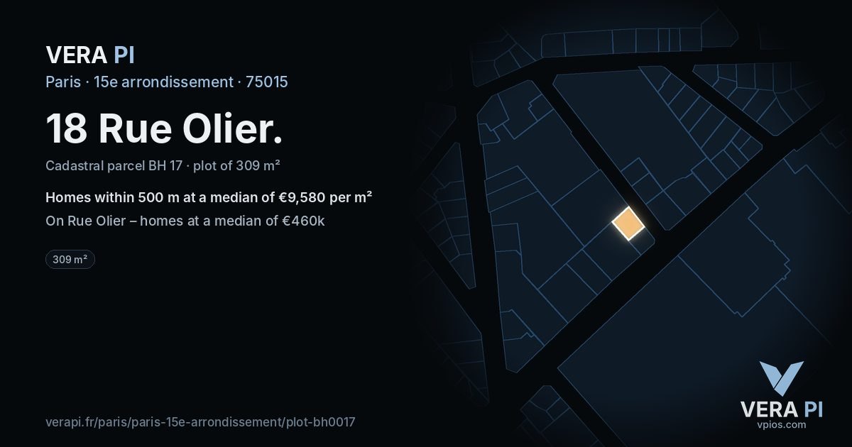 18 Rue Olier, 15e arrondissement at night – the plot lit, the parcels around coloured by the prices near them