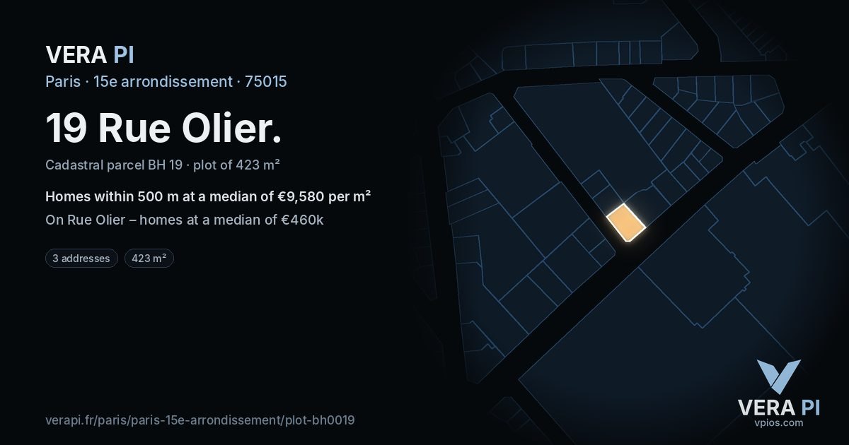 19 Rue Olier, 15e arrondissement at night – the plot lit, the parcels around coloured by the prices near them