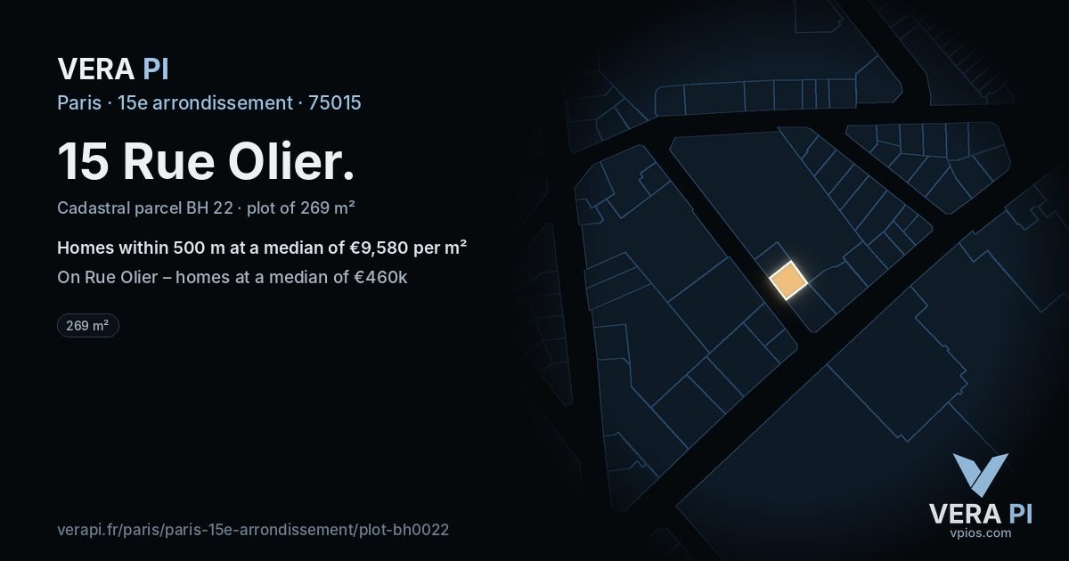 15 Rue Olier, 15e arrondissement at night – the plot lit, the parcels around coloured by the prices near them