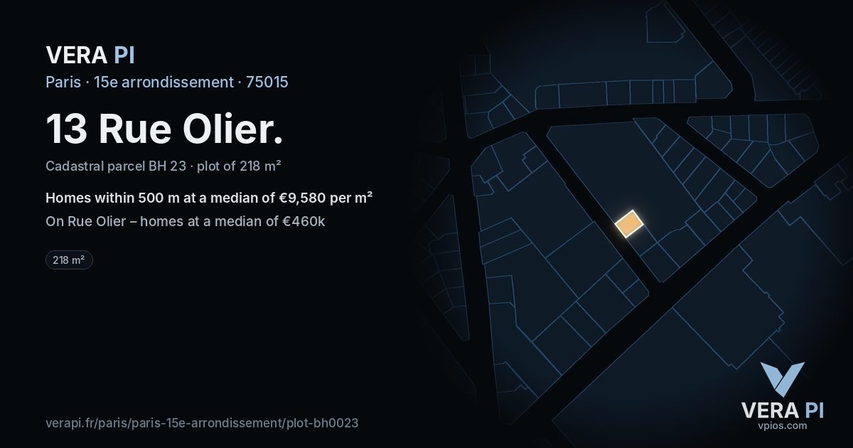 13 Rue Olier, 15e arrondissement at night – the plot lit, the parcels around coloured by the prices near them