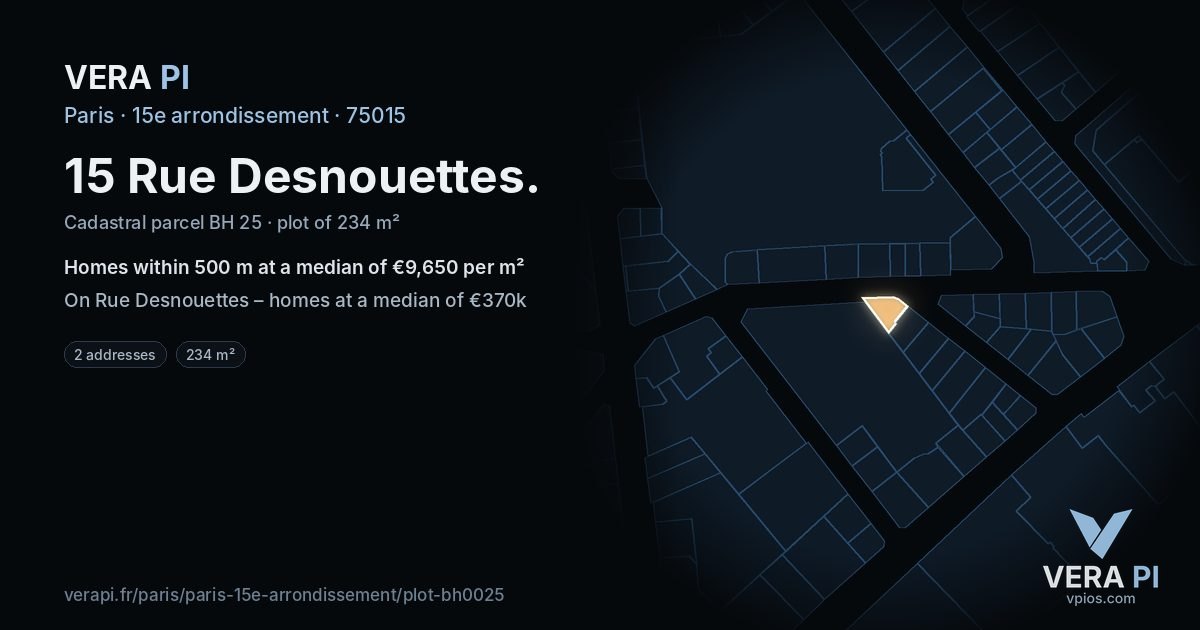 15 Rue Desnouettes, 15e arrondissement at night – the plot lit, the parcels around coloured by the prices near them