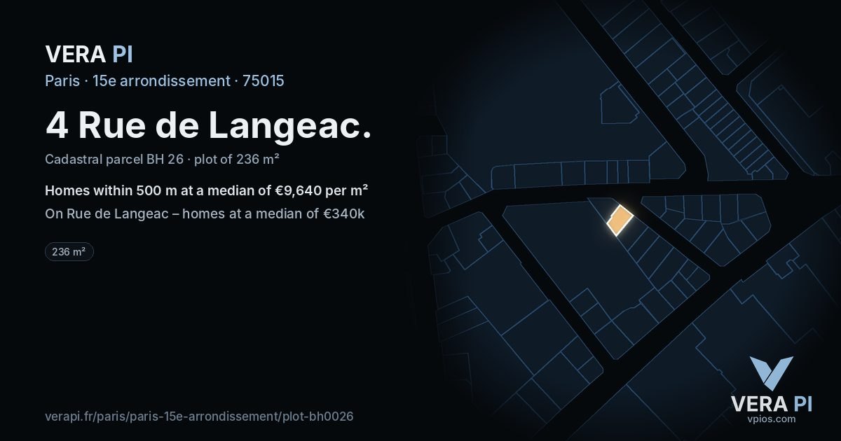 4 Rue de Langeac, 15e arrondissement at night – the plot lit, the parcels around coloured by the prices near them