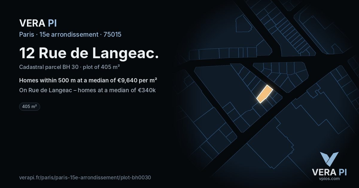 12 Rue de Langeac, 15e arrondissement at night – the plot lit, the parcels around coloured by the prices near them
