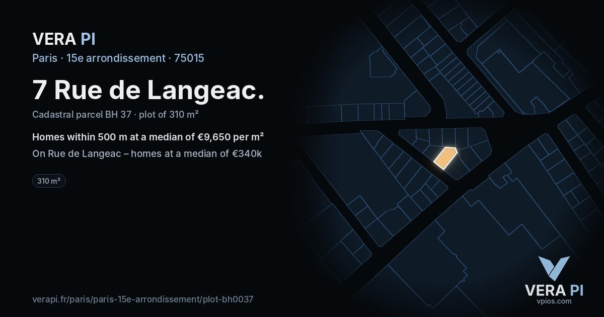 7 Rue de Langeac, 15e arrondissement at night – the plot lit, the parcels around coloured by the prices near them