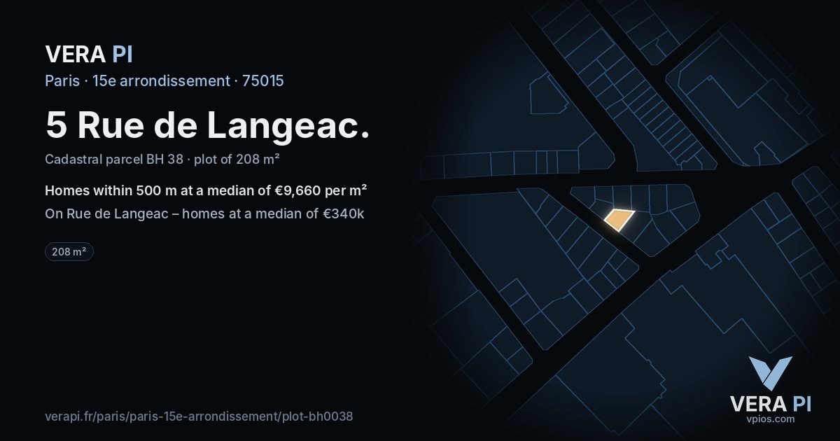 5 Rue de Langeac, 15e arrondissement at night – the plot lit, the parcels around coloured by the prices near them