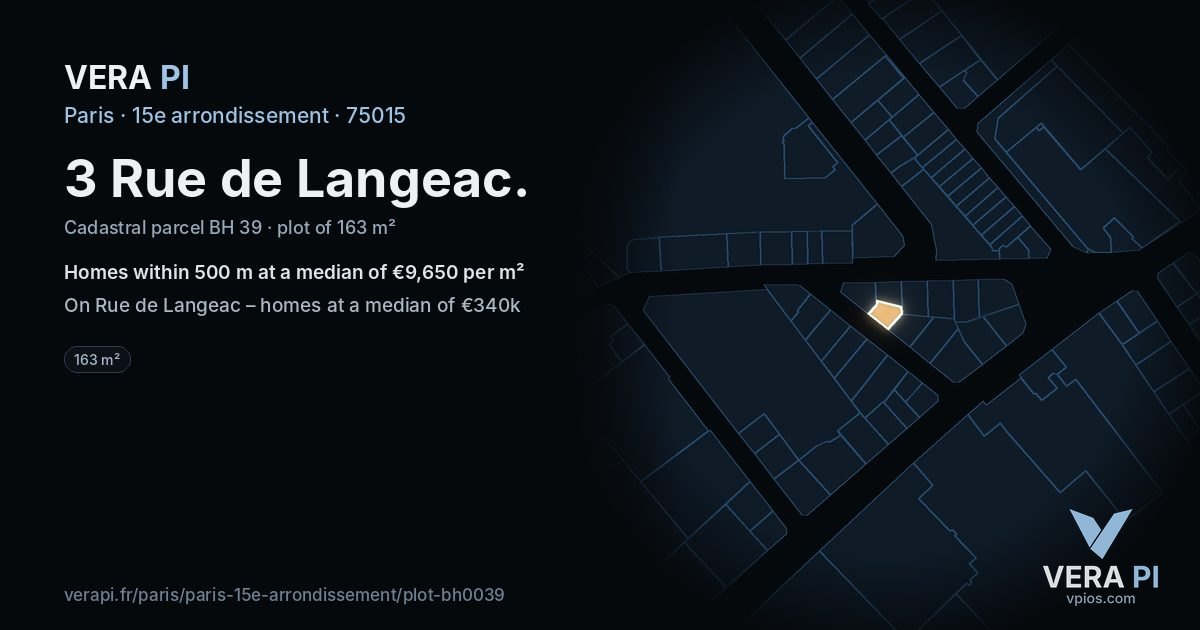 3 Rue de Langeac, 15e arrondissement at night – the plot lit, the parcels around coloured by the prices near them