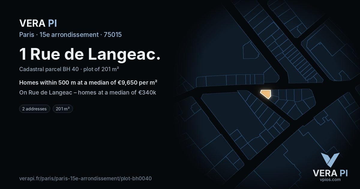 1 Rue de Langeac, 15e arrondissement at night – the plot lit, the parcels around coloured by the prices near them