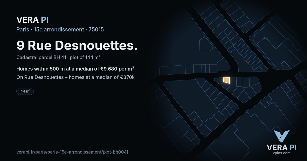9 Rue Desnouettes, 15e arrondissement at night – the plot lit, the parcels around coloured by the prices near them