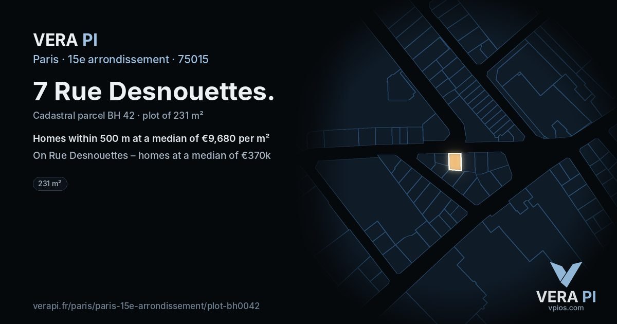7 Rue Desnouettes, 15e arrondissement at night – the plot lit, the parcels around coloured by the prices near them
