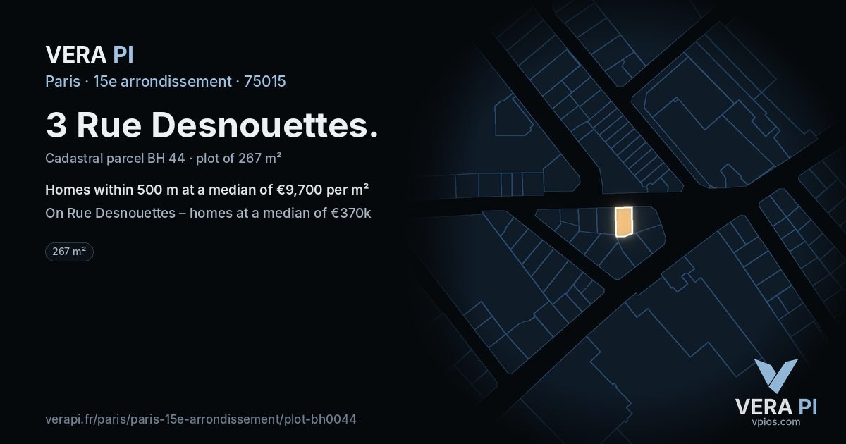 3 Rue Desnouettes, 15e arrondissement at night – the plot lit, the parcels around coloured by the prices near them