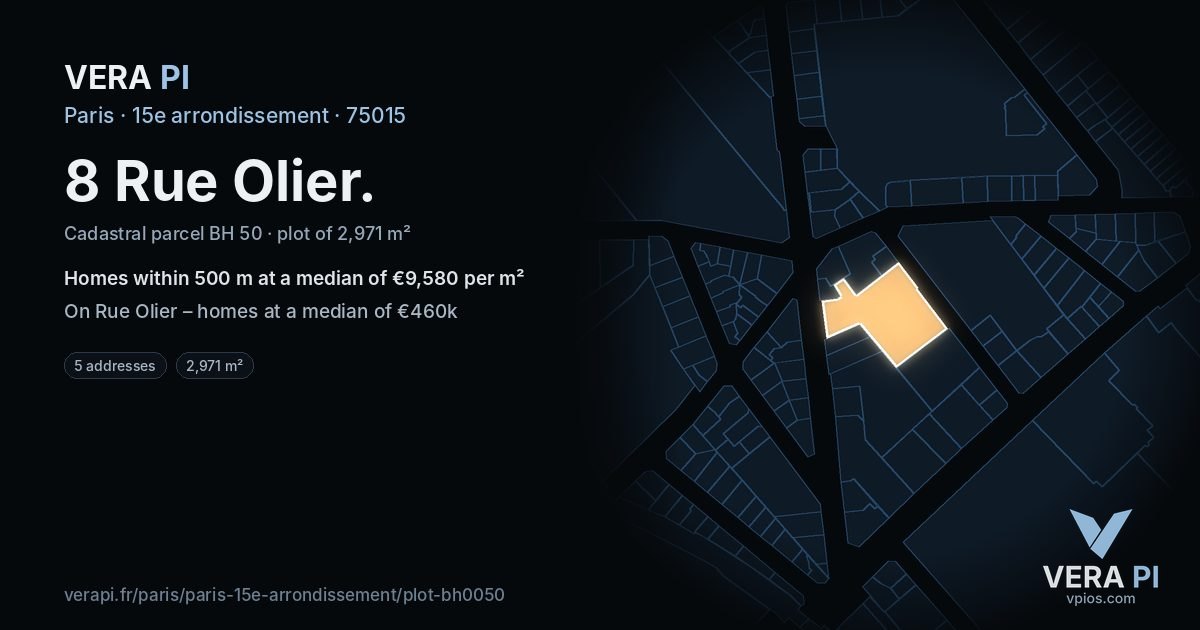 8 Rue Olier, 15e arrondissement at night – the plot lit, the parcels around coloured by the prices near them