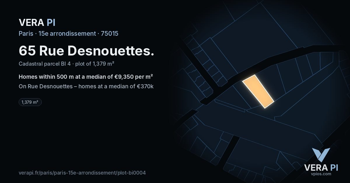 65 Rue Desnouettes, 15e arrondissement at night – the plot lit, the parcels around coloured by the prices near them