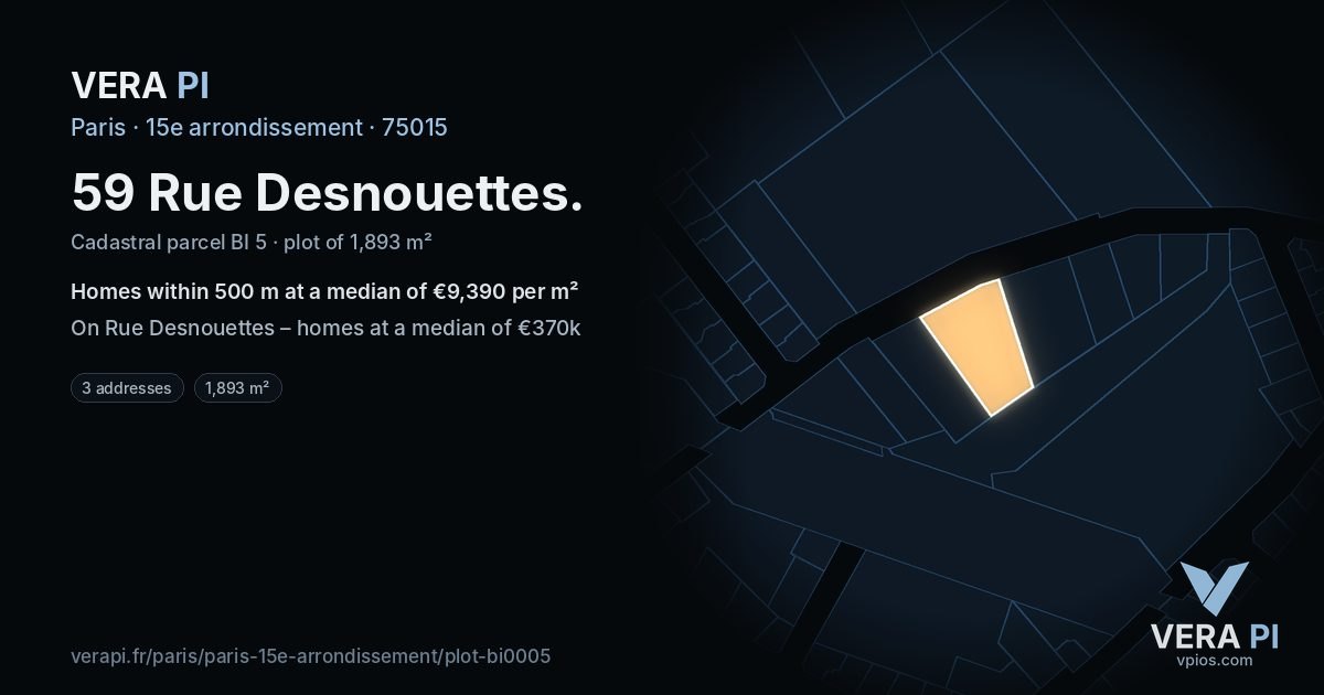 59 Rue Desnouettes, 15e arrondissement at night – the plot lit, the parcels around coloured by the prices near them