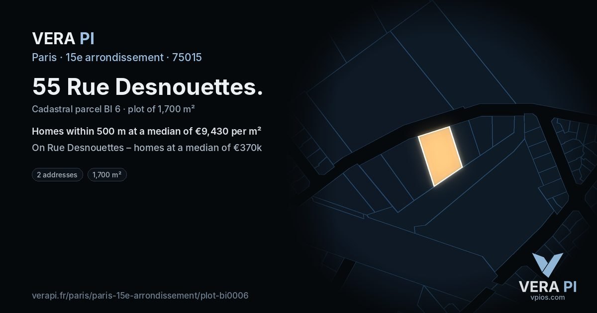 55 Rue Desnouettes, 15e arrondissement at night – the plot lit, the parcels around coloured by the prices near them