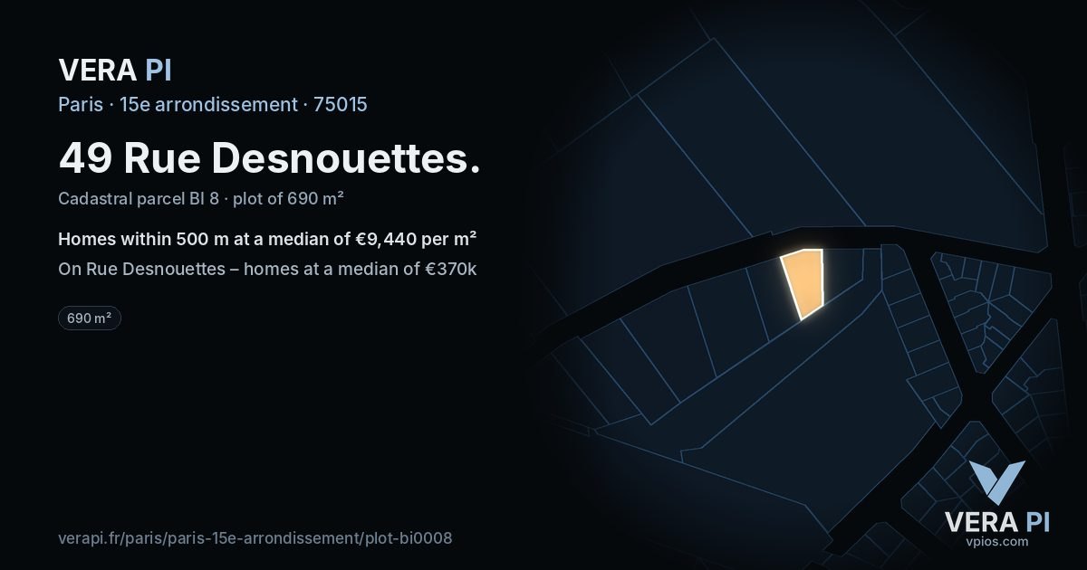 49 Rue Desnouettes, 15e arrondissement at night – the plot lit, the parcels around coloured by the prices near them