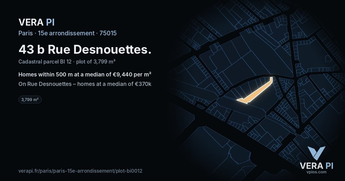 43 b Rue Desnouettes, 15e arrondissement at night – the plot lit, the parcels around coloured by the prices near them