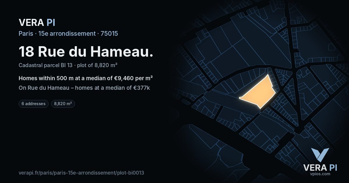 18 Rue du Hameau, 15e arrondissement at night – the plot lit, the parcels around coloured by the prices near them