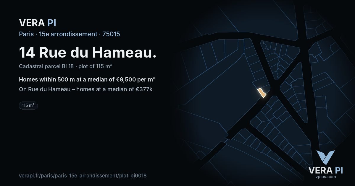 14 Rue du Hameau, 15e arrondissement at night – the plot lit, the parcels around coloured by the prices near them