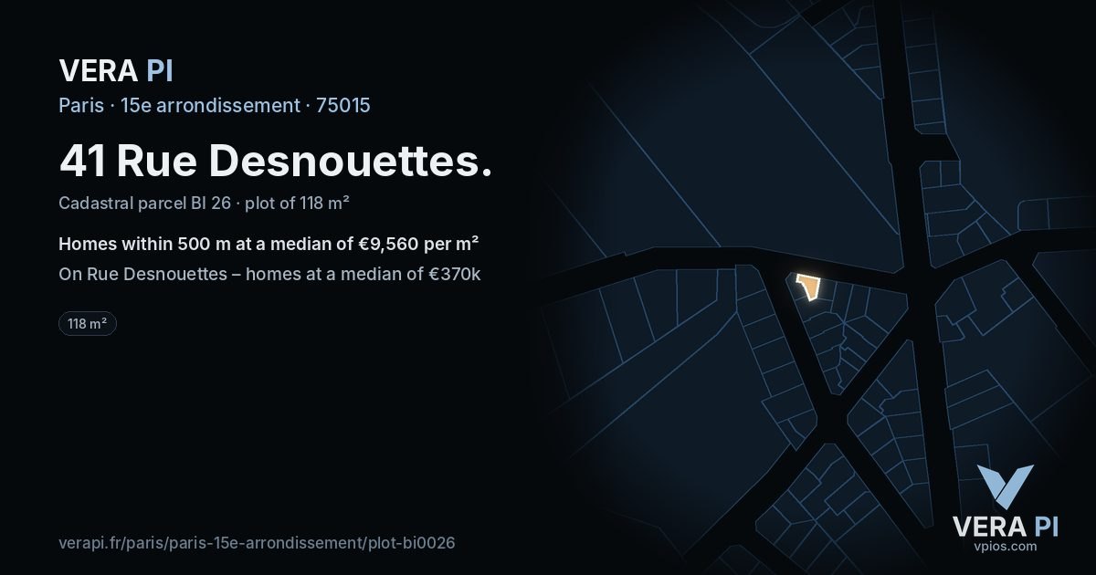 41 Rue Desnouettes, 15e arrondissement at night – the plot lit, the parcels around coloured by the prices near them