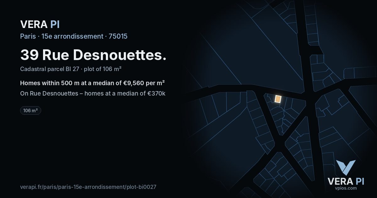 39 Rue Desnouettes, 15e arrondissement at night – the plot lit, the parcels around coloured by the prices near them