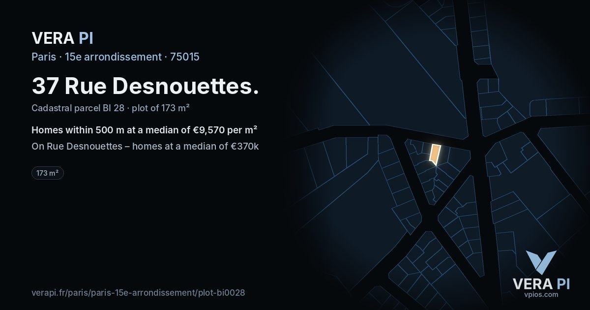 37 Rue Desnouettes, 15e arrondissement at night – the plot lit, the parcels around coloured by the prices near them
