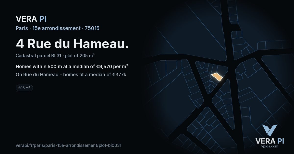 4 Rue du Hameau, 15e arrondissement at night – the plot lit, the parcels around coloured by the prices near them