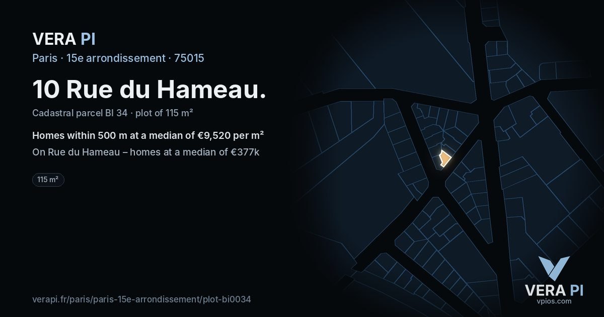 10 Rue du Hameau, 15e arrondissement at night – the plot lit, the parcels around coloured by the prices near them