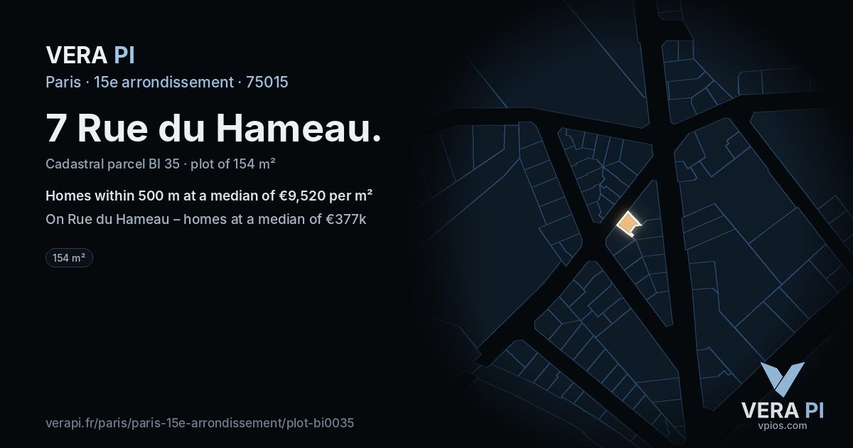 7 Rue du Hameau, 15e arrondissement at night – the plot lit, the parcels around coloured by the prices near them