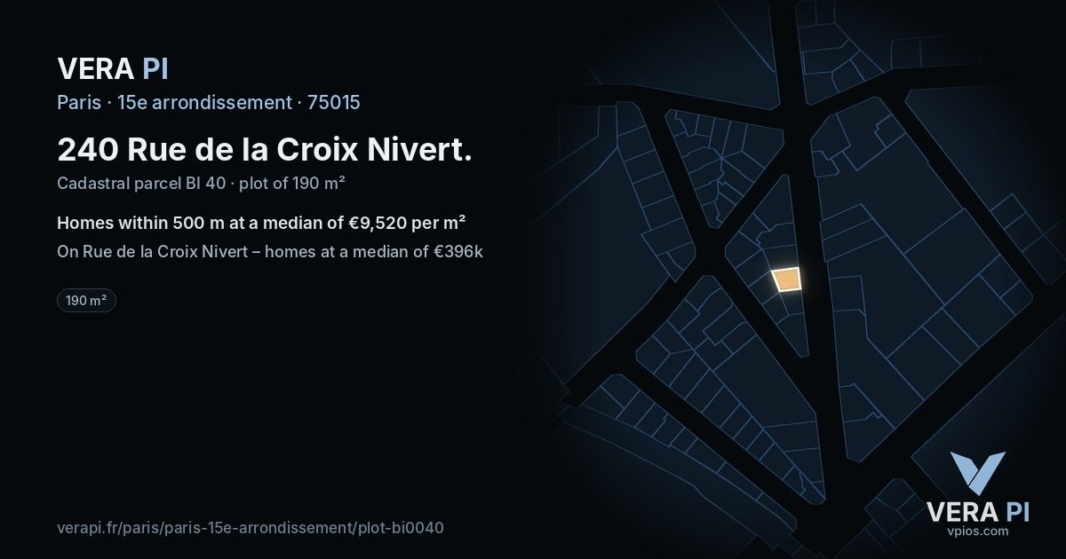 240 Rue de la Croix Nivert, 15e arrondissement at night – the plot lit, the parcels around coloured by the prices near them