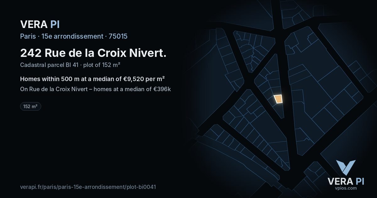 242 Rue de la Croix Nivert, 15e arrondissement at night – the plot lit, the parcels around coloured by the prices near them