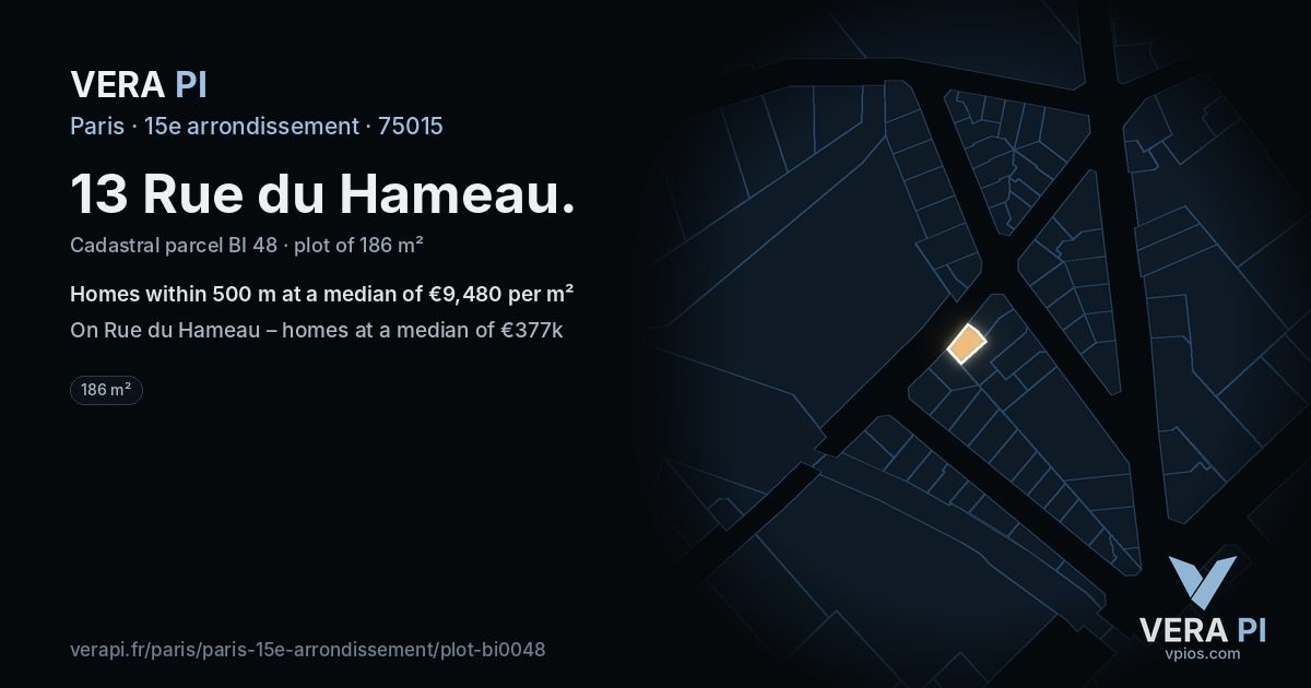 13 Rue du Hameau, 15e arrondissement at night – the plot lit, the parcels around coloured by the prices near them