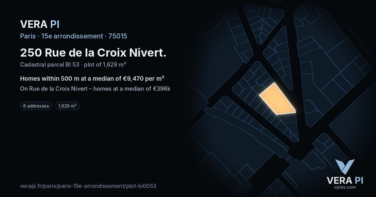 250 Rue de la Croix Nivert, 15e arrondissement at night – the plot lit, the parcels around coloured by the prices near them