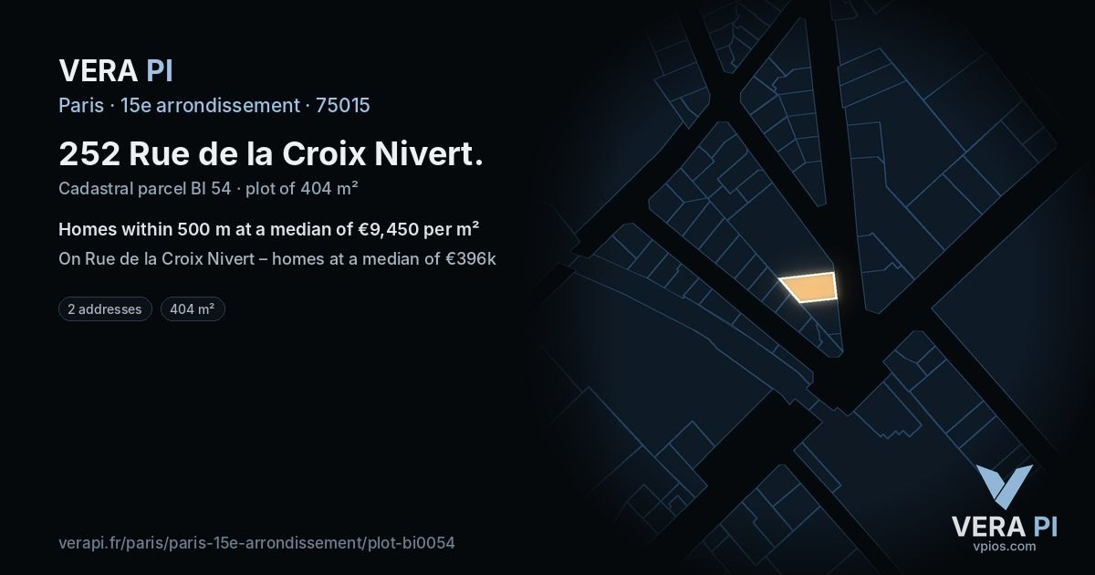 252 Rue de la Croix Nivert, 15e arrondissement at night – the plot lit, the parcels around coloured by the prices near them