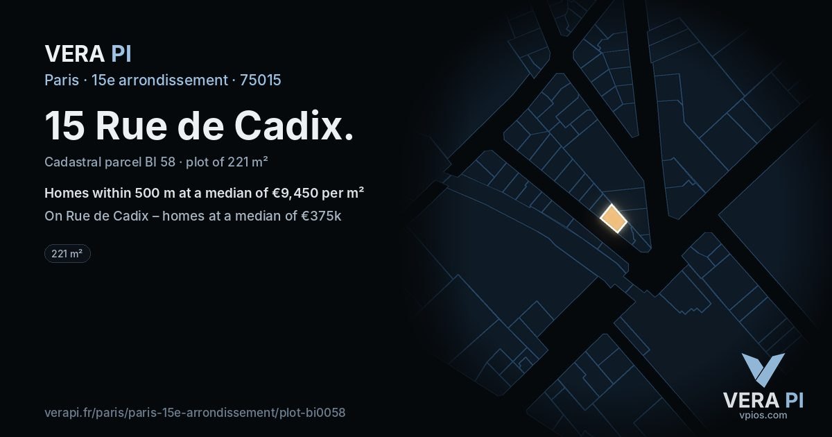 15 Rue de Cadix, 15e arrondissement at night – the plot lit, the parcels around coloured by the prices near them