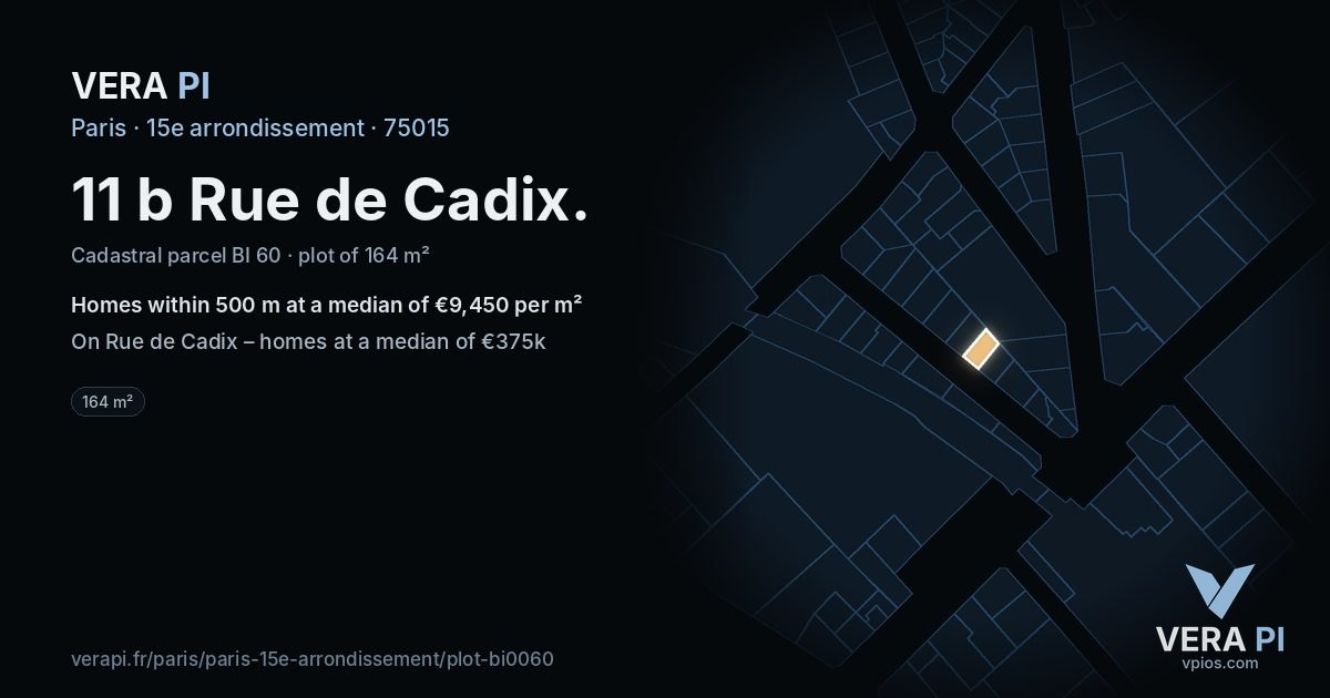 11 b Rue de Cadix, 15e arrondissement at night – the plot lit, the parcels around coloured by the prices near them