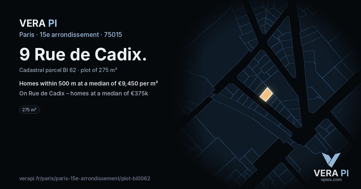 9 Rue de Cadix, 15e arrondissement at night – the plot lit, the parcels around coloured by the prices near them