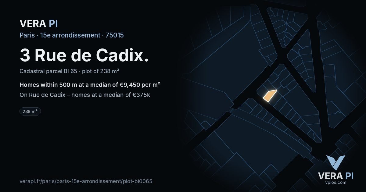 3 Rue de Cadix, 15e arrondissement at night – the plot lit, the parcels around coloured by the prices near them