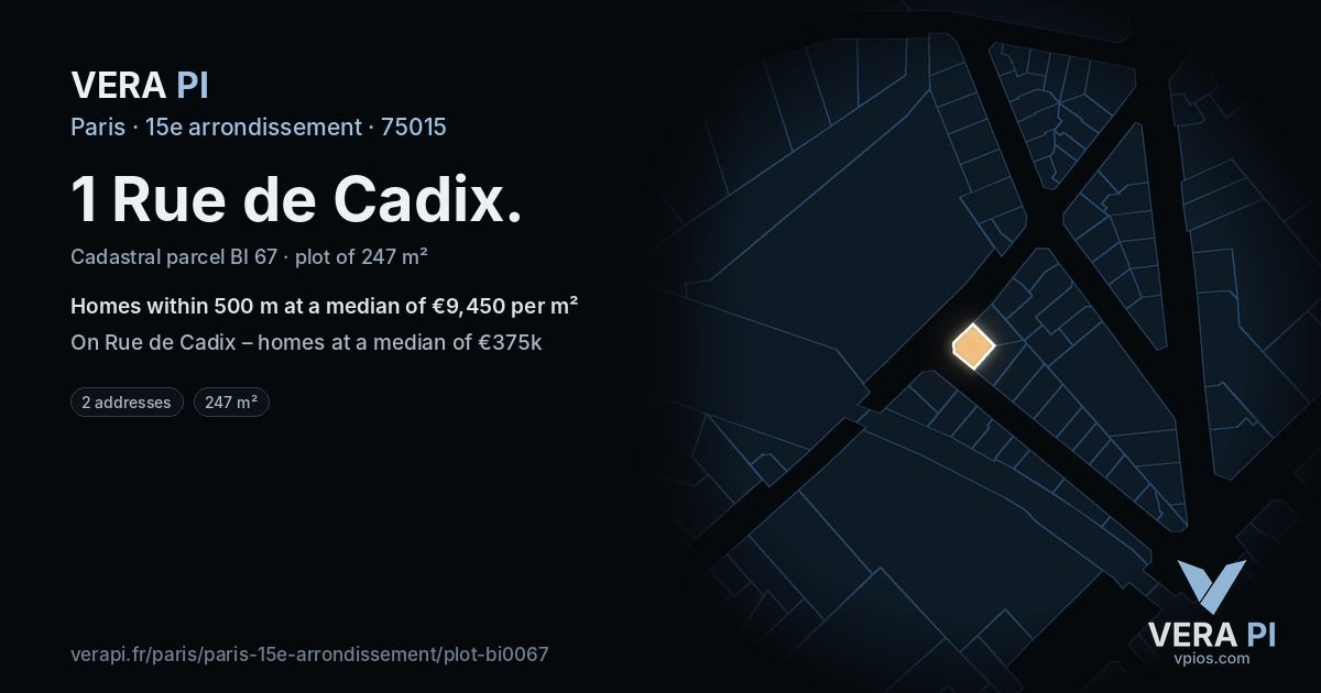 1 Rue de Cadix, 15e arrondissement at night – the plot lit, the parcels around coloured by the prices near them