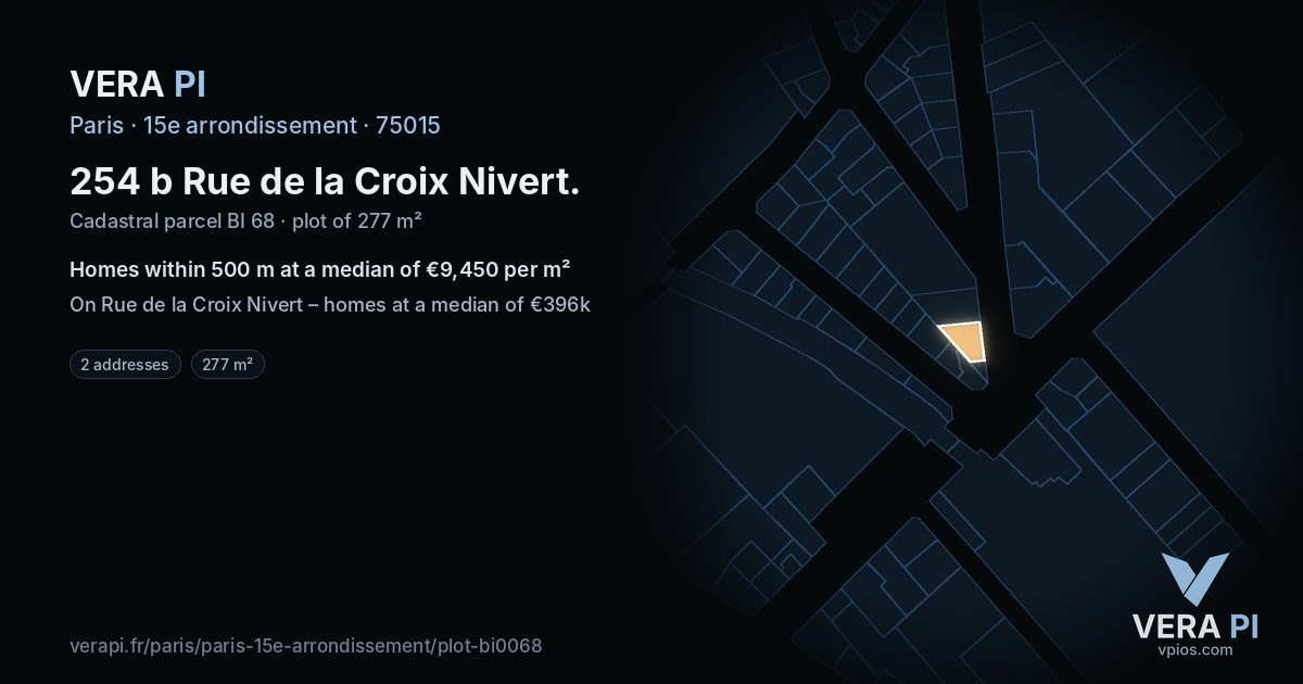 254 b Rue de la Croix Nivert, 15e arrondissement at night – the plot lit, the parcels around coloured by the prices near them