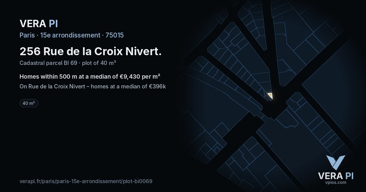 256 Rue de la Croix Nivert, 15e arrondissement at night – the plot lit, the parcels around coloured by the prices near them