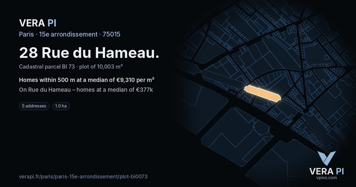 28 Rue du Hameau, 15e arrondissement at night – the plot lit, the parcels around coloured by the prices near them