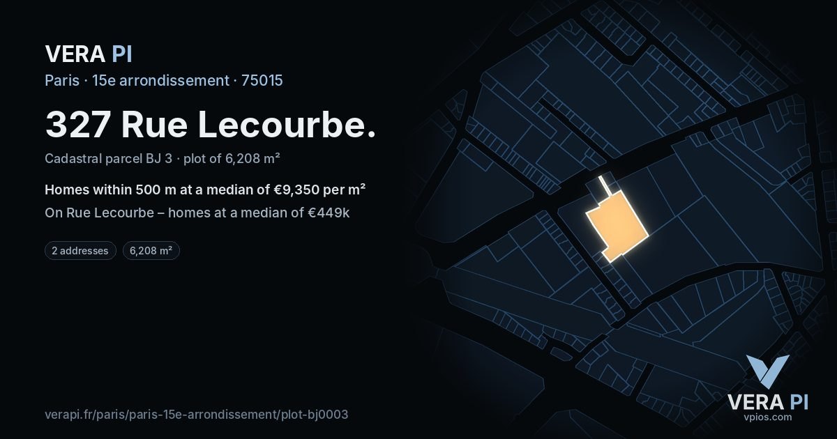 327 Rue Lecourbe, 15e arrondissement at night – the plot lit, the parcels around coloured by the prices near them