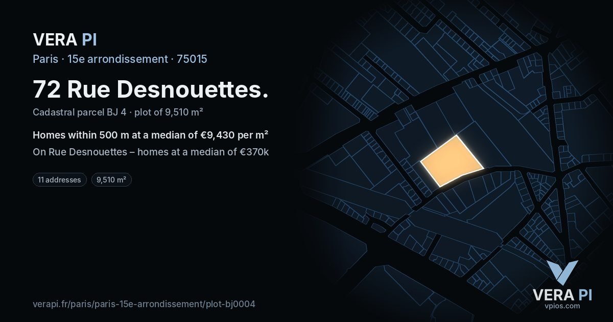 72 Rue Desnouettes, 15e arrondissement at night – the plot lit, the parcels around coloured by the prices near them
