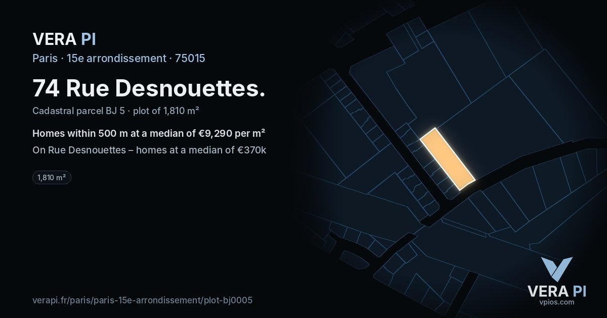 74 Rue Desnouettes, 15e arrondissement at night – the plot lit, the parcels around coloured by the prices near them