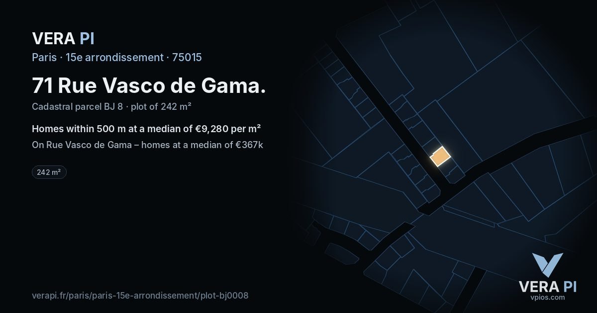 71 Rue Vasco de Gama, 15e arrondissement at night – the plot lit, the parcels around coloured by the prices near them